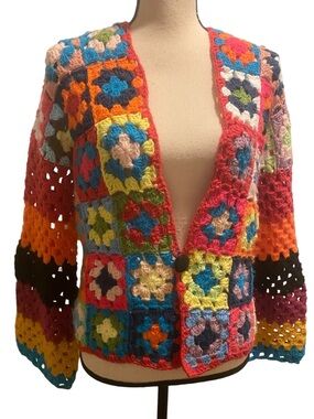 Women’s Crochet Granny Square Knit Colorful Hippie Boho Cardigan size M